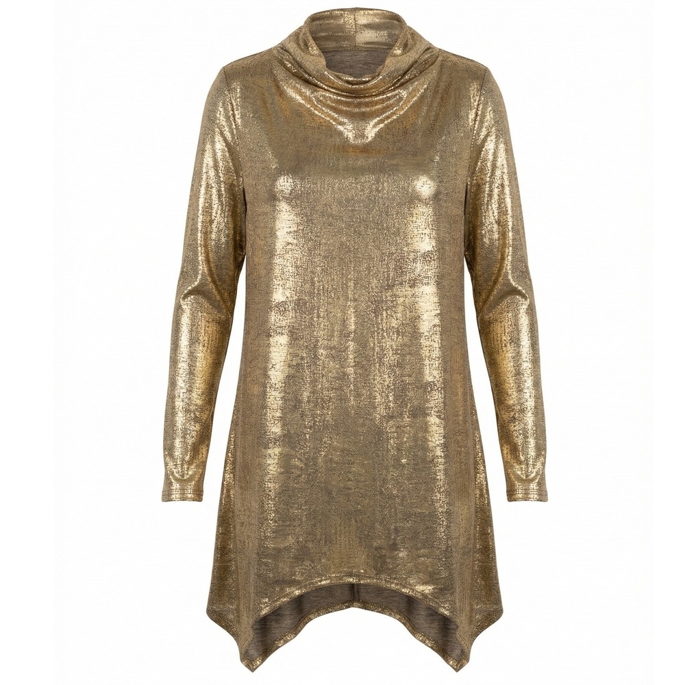 Fever Women Gold Metallic Cowl Neck Sharkbite Hem Tunic Top Large NWT M3575756FW